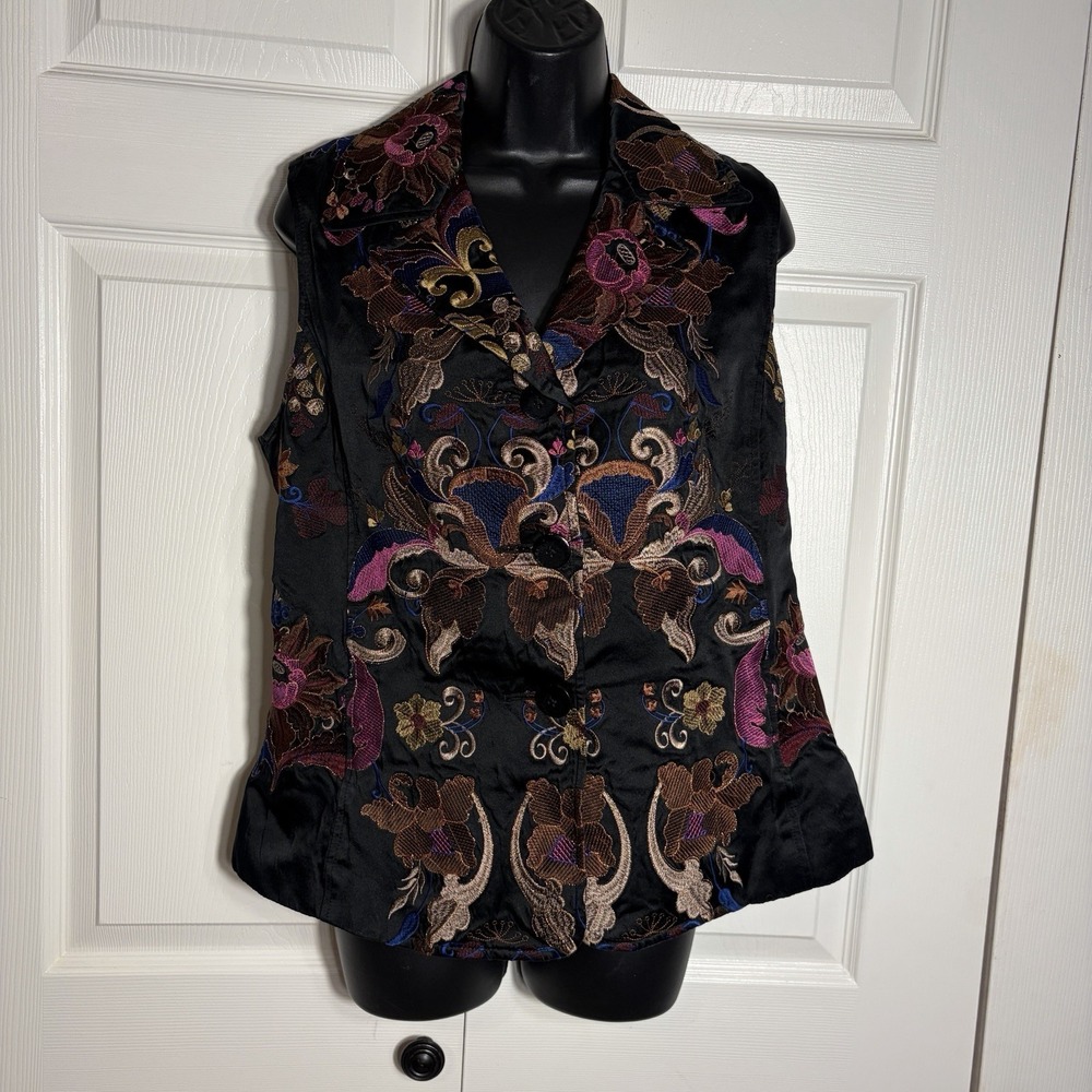 Vintage ETCETERA Floral Vest Women 12 Black Embroidered Y2K Silk Blend Button Up